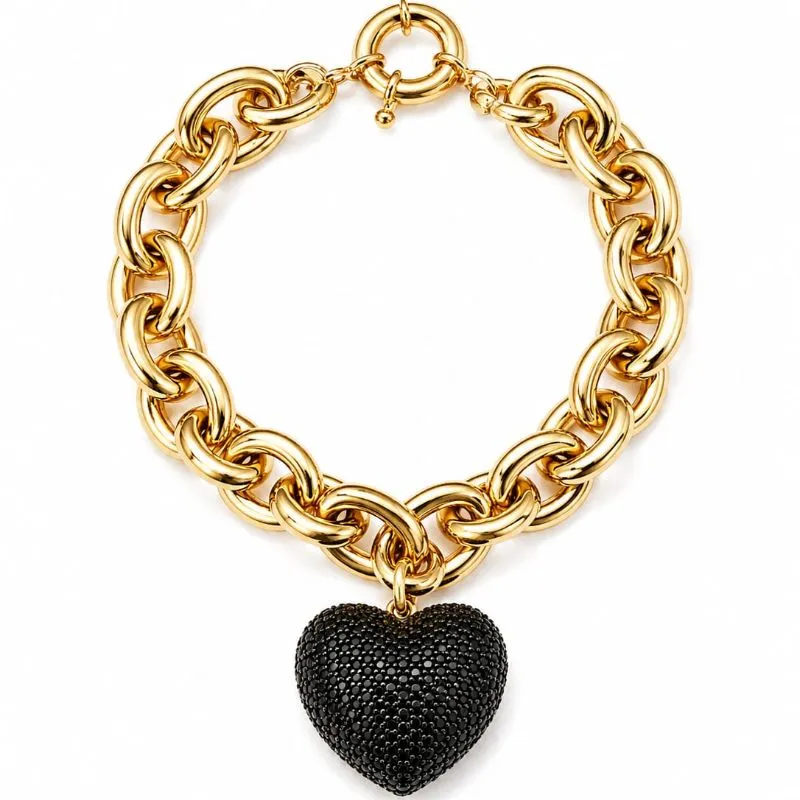 Pulseira Elo Português Grande Coração Cravejado Zirc Pretas.