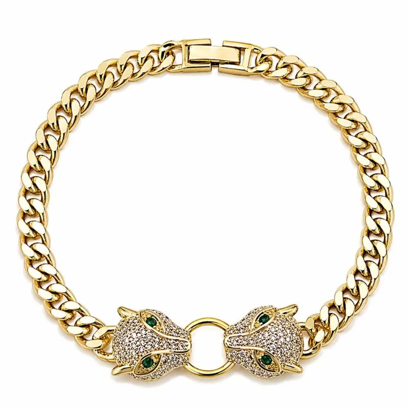 Pulseira Feminina Duas Onças Cravejadas Banhada a Ouro.