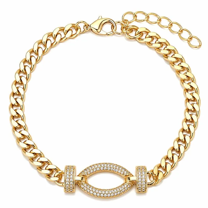 Pulseira Feminina Elo Groumet com Zircônias Banhada a Ouro.