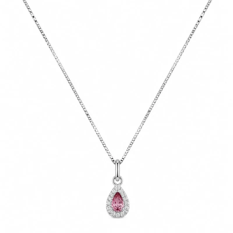 Colar com Pingente Gota em Prata 925 com Pedra Rosa.