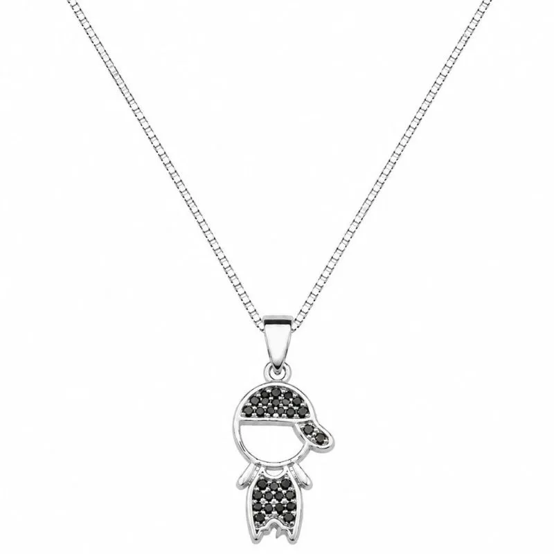 Colar Menino Cravejado Black  Ródio Branco.