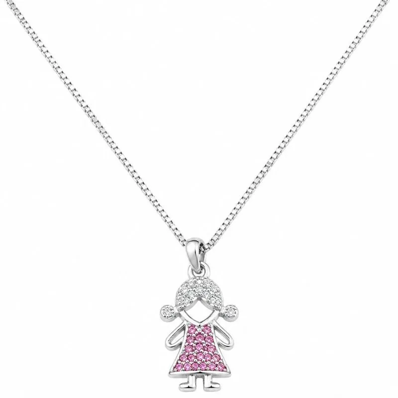 Colar Pingente Menina Cravejado  Ródio Branco.