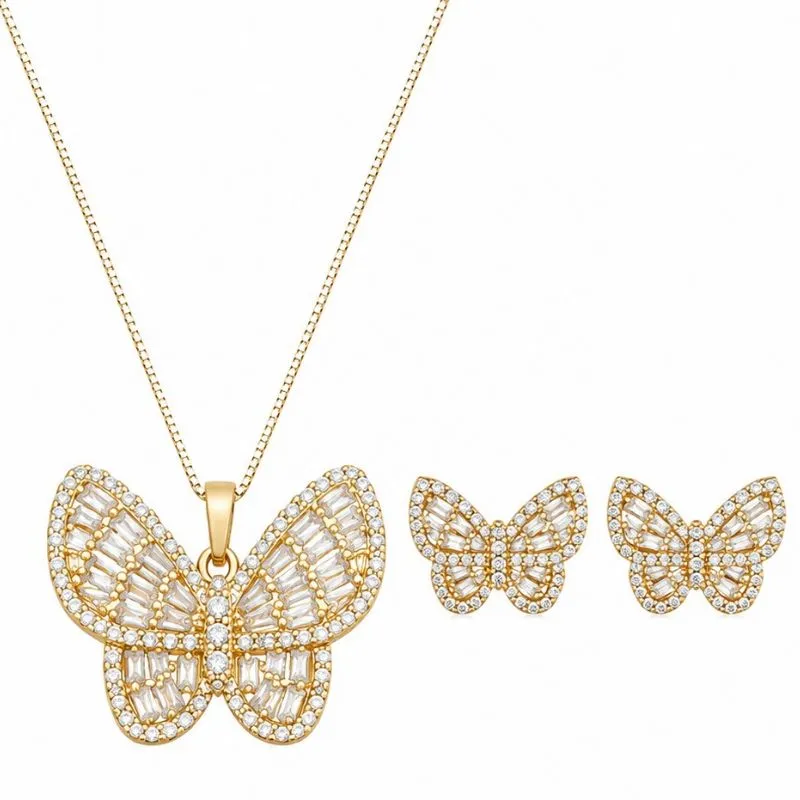 Conjunto Borboleta Cravejada  Colar e Brincos.