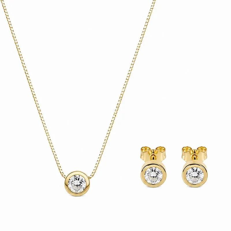 Conjunto Brinco e Colar com Zircônia Cristal Banhado a Ouro 18k.