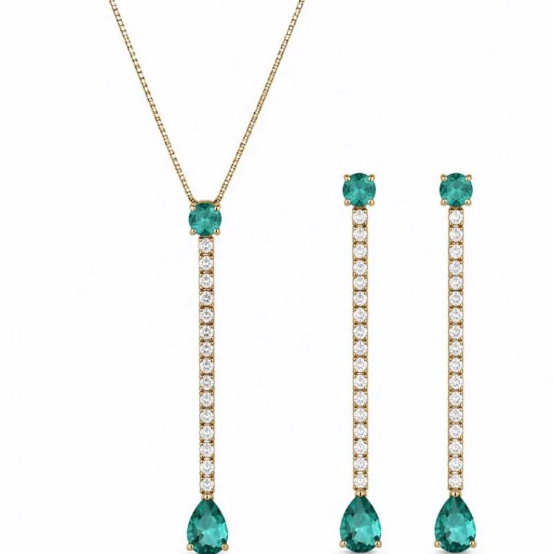 Conjunto Cravejado com Pedra Verde Água Banhado a Ouro 18k  Veneziana 45cm.