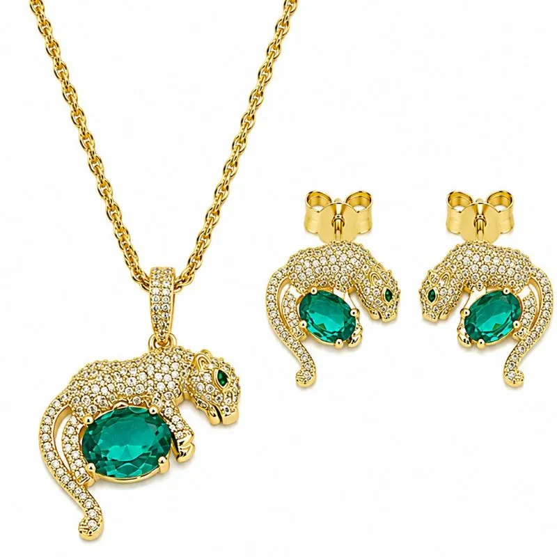 Conjunto Pantera Esmeralda Banhado a Ouro 18k