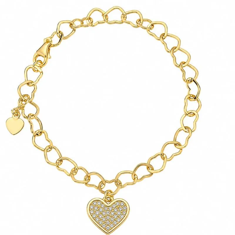 Pulseira com Elos de Corações e Coração Cravejado Banhada a Ouro 18k.