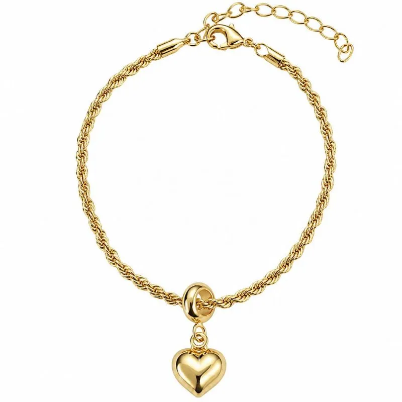 Pulseira Cordão Baiano Fino com Pingente de Coração  Banhada a Ouro 18k.