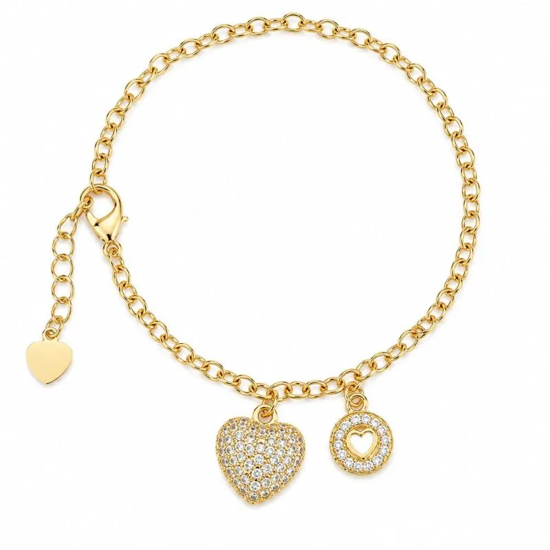 Pulseira de Pequenos Elos Português com Pingentes Cravejados  18cm.