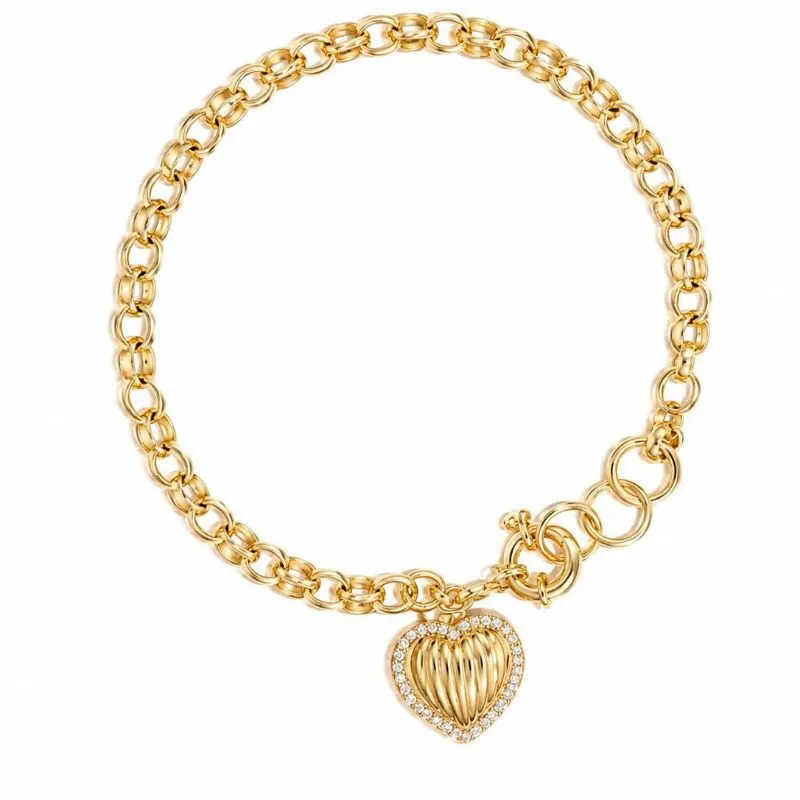 Pulseira Elo Português com Coração Luxo  Banhada a Ouro 18k.