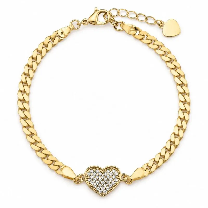 Pulseira Elos Gourmet com Coração Cravejado Banhada a Ouro 18k.