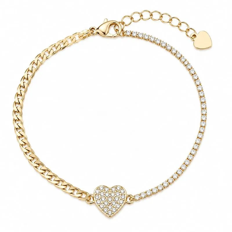 Pulseira Elos Gourmet com Elos Cravejados e Coração  17cm.