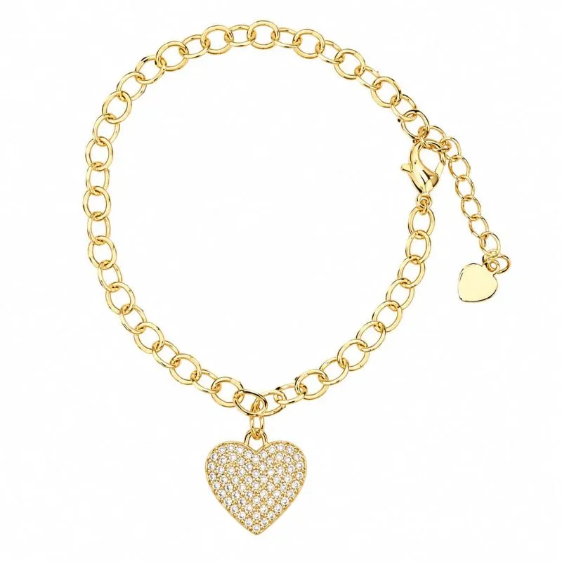 Pulseira Elos Português com Coração Cravejado Banhada a Ouro 18k.