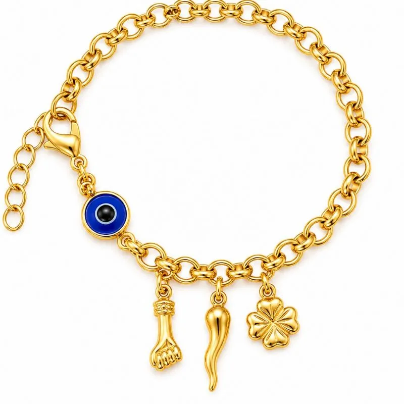 Pulseira Elo Português com Pingentes de Proteção 22cm.