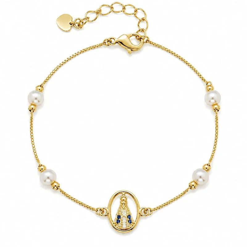 Pulseira Feminina Nossa Senhora com Pérolas Banhada a Ouro 18k.