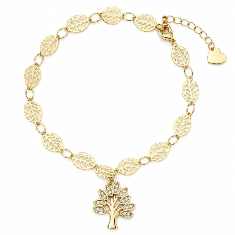 Pulseira Folhas Vazadas com Pingente Árvore da Vida Banhada a Ouro 18k.