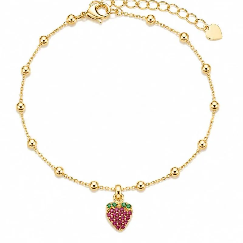 Pulseira Infantil Moranguinho Cravejado  Banhada a Ouro 18k.