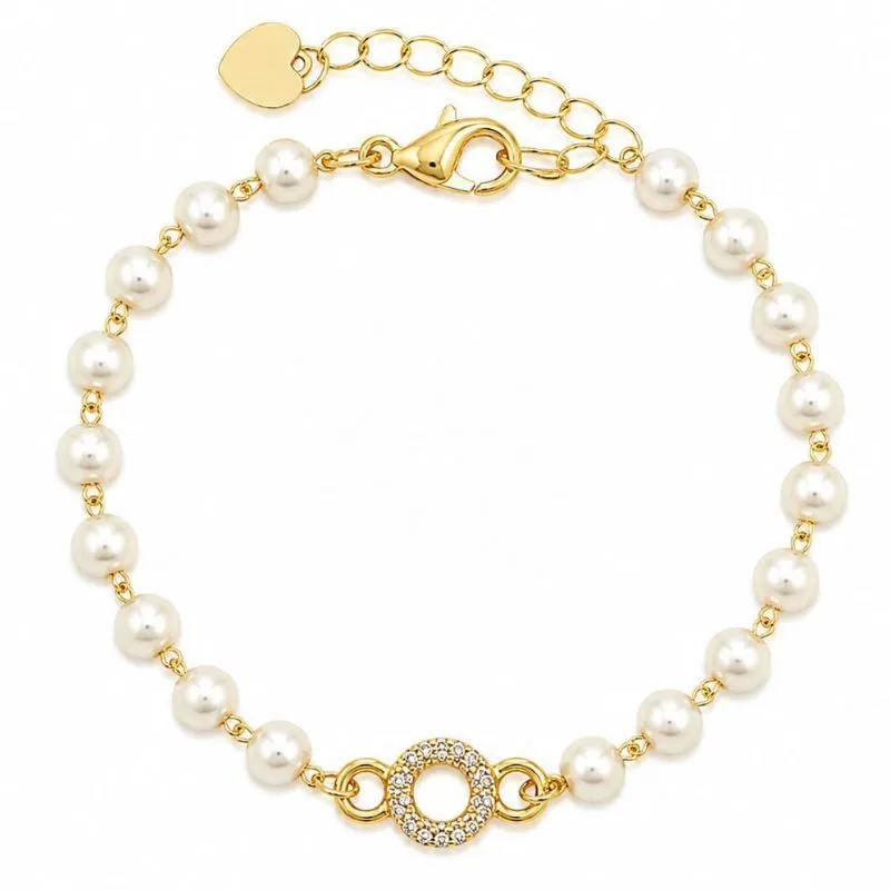 Pulseira Infantil Pérolas Delicadas Cravejada  Banhada a Ouro 18k.
