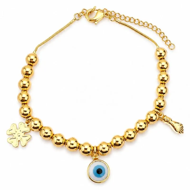Pulseira Olho Grego com Berloques  Banhada a Ouro 18k.