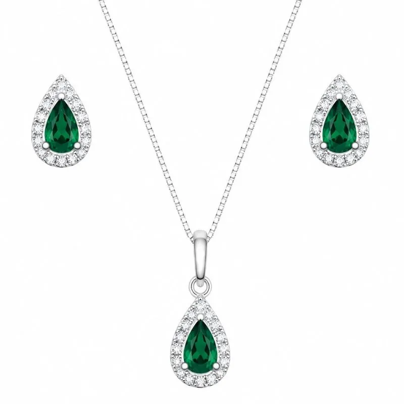 Conjunto Gota Verde em Prata 925