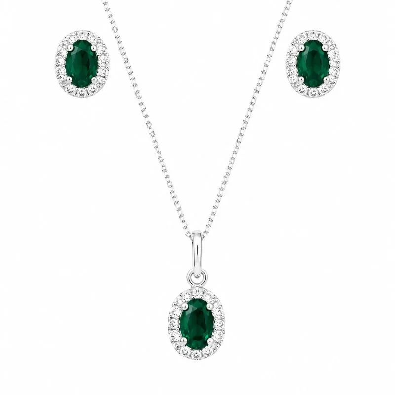 Conjunto Oval Verde Safira em Prata 925 -  Com veneziana
