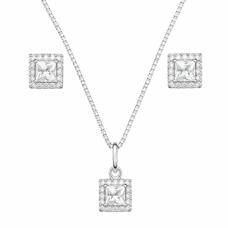 Conjunto Quadrado Prata 925 com Zircônias Cristal