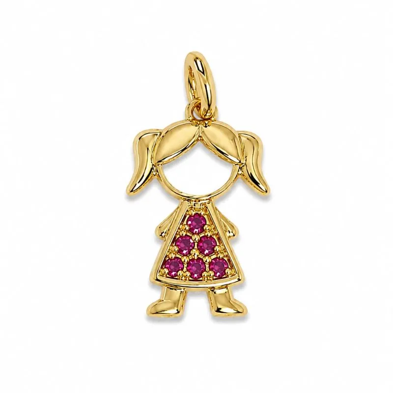 PINGENTE MENINA CRAVEJADA EM ZIRC ROSA.