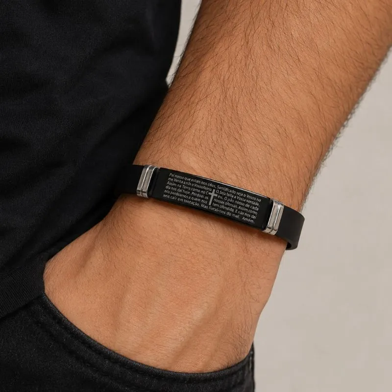 Pulseira Masculina Silicone Oração Pai Nosso em Aço Inoxidável