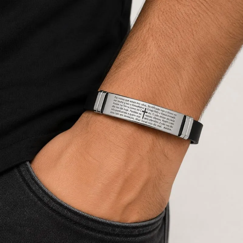 Pulseira Masculina Silicone Pai Nosso em Aço Inoxidável