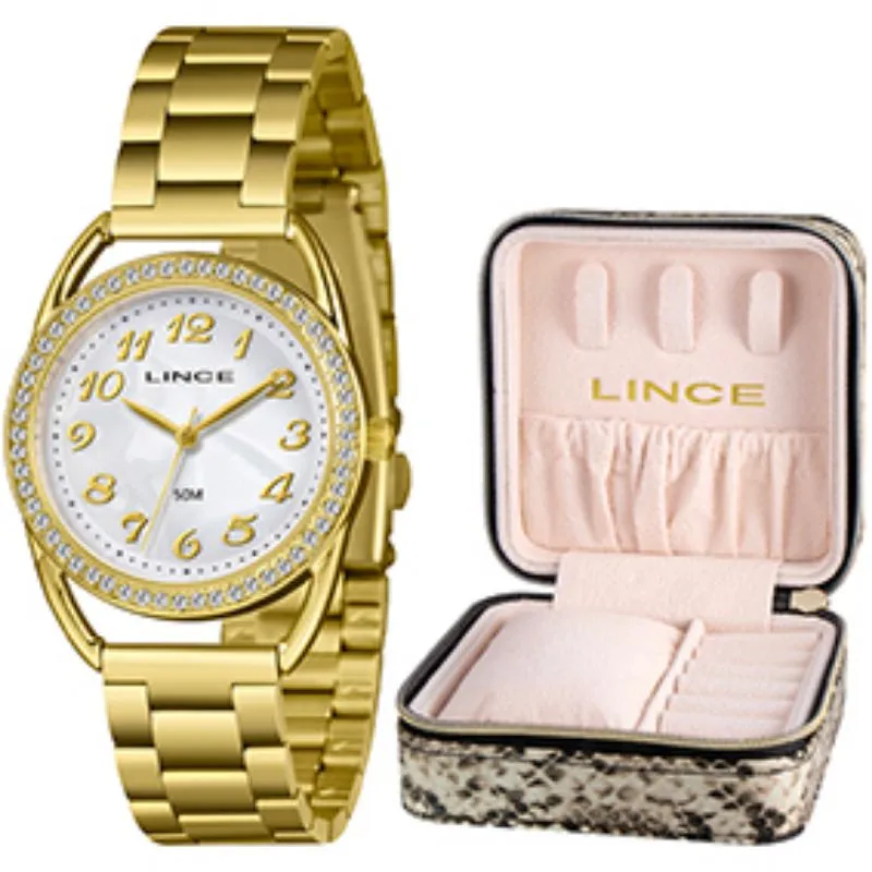Relógio Feminino Lince Dourado com Porta-Joias Elegance