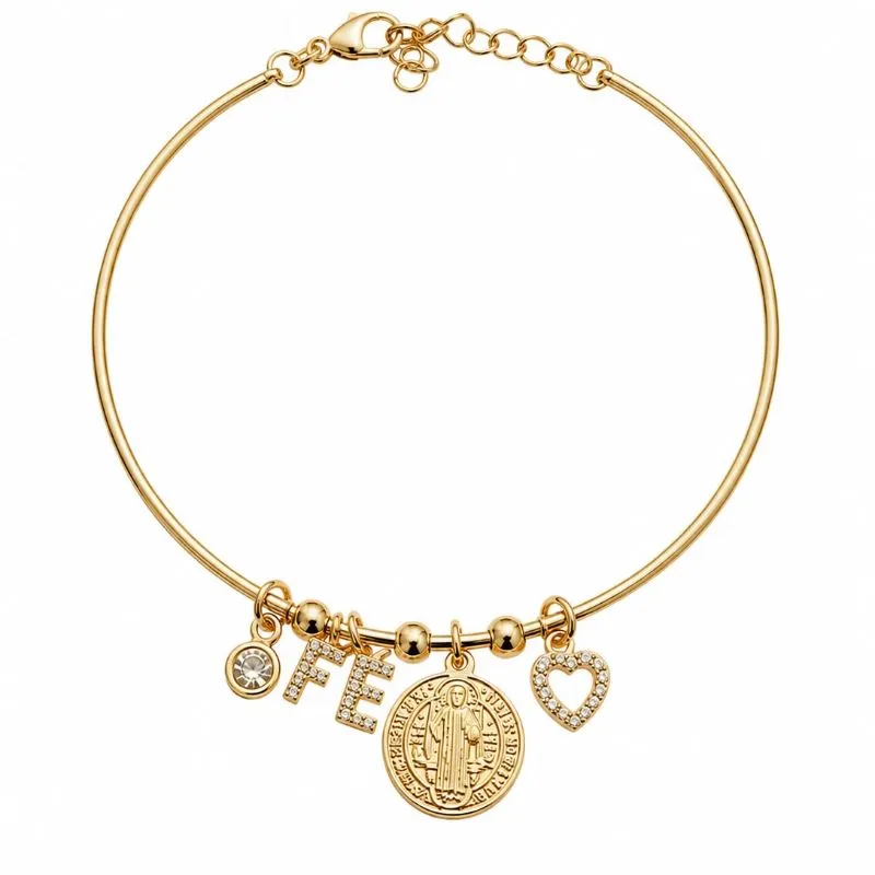 Pulseira Bracelete Fé com Medalha e Coração Cravejado