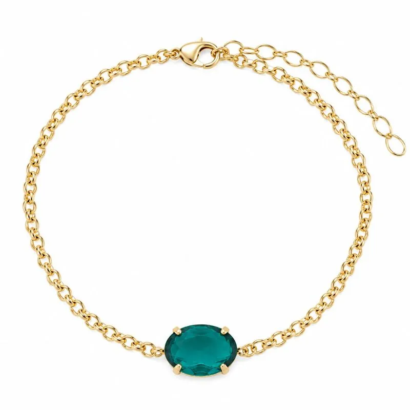 Pulseira com Pedra Verde Esmeralda Banhada a Ouro.