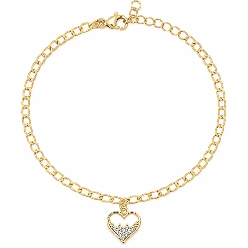 Pulseira Elo Clássico com Pingente de Coração Cravejado
