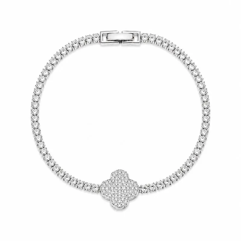 Pulseira Trevo Cravejado Banhado a Prata